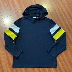 Calvin Klein Navy Long Sleeve Hoodie with White and Yellow Sleeve Stripes